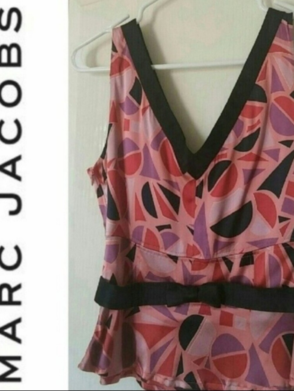 Marc Jacobs Silk Blouse Peplum Sleeveless Pink Black Print Size 8 Womens